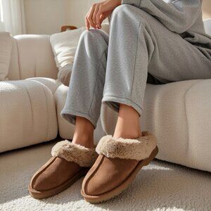 Eddie Bauer Janie Womens Suede Faux Fur Lined Clog Slippers Brown Size 7